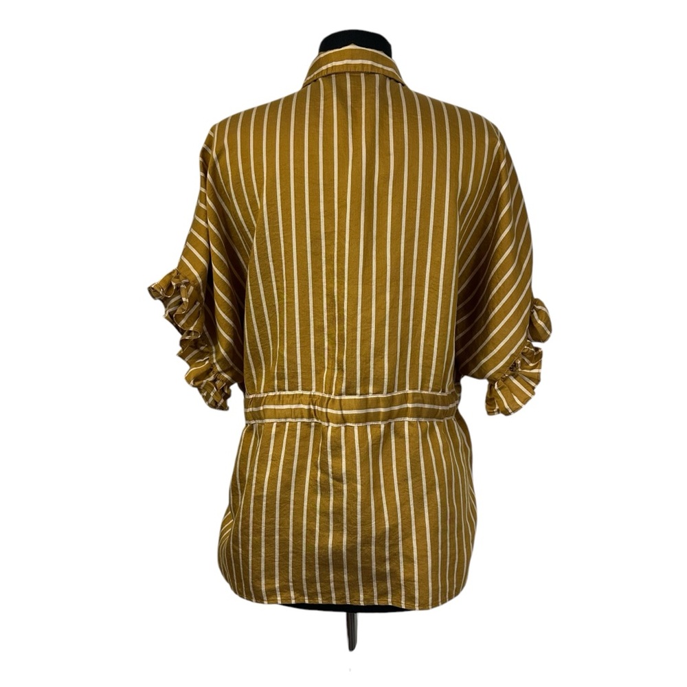 ZARA Gold Stripe Tie Front Blouse Size S Ruffle Sleeve Button Up Top - Picture 6 of 11